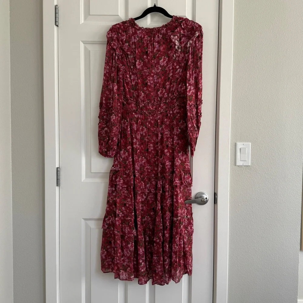 Sachin & Babi Ronnie Long Sleeve VNeck Ruffle Printed Midi Dress Size 4 Pink NWT